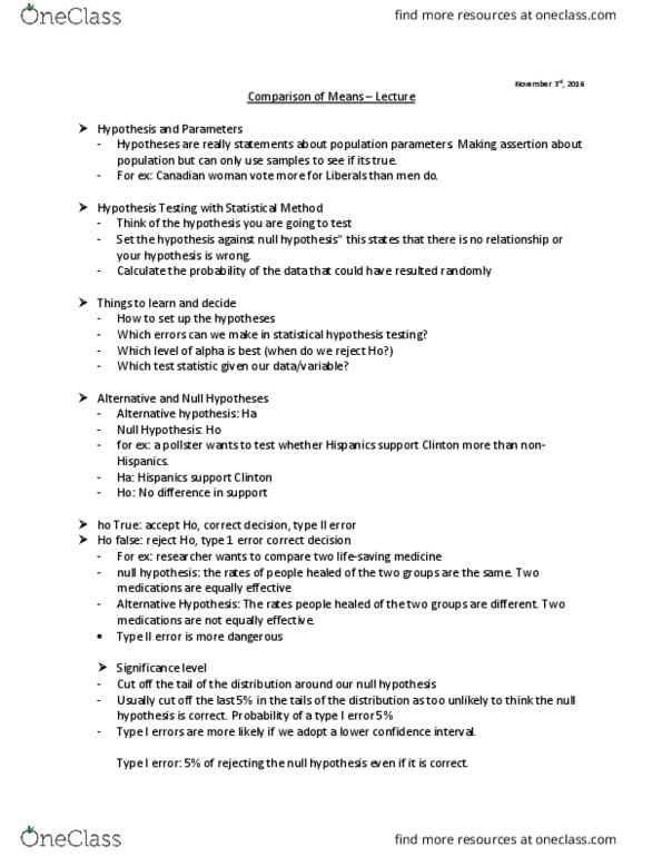 POLI 210 Lecture Notes - Lecture 14: Type I And Type Ii Errors, Statistical Hypothesis Testing, Null Hypothesis thumbnail