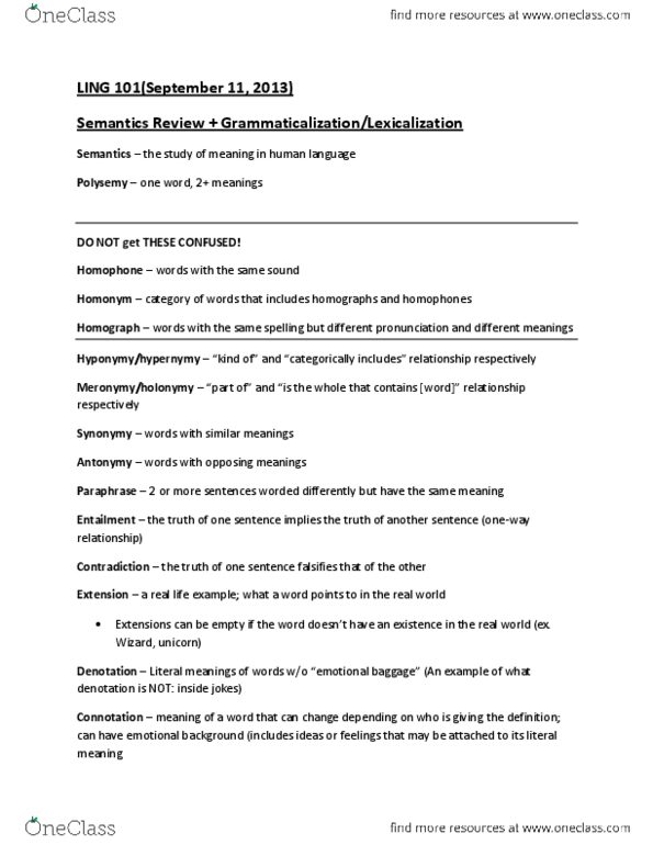 LING101 Lecture Notes - Homograph, Grammaticalization, Homophone thumbnail