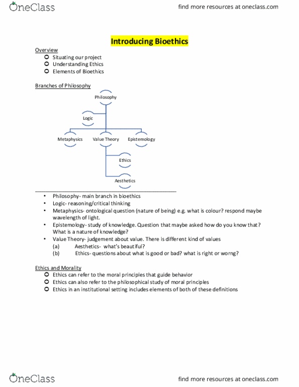 PHI 2396 Lecture Notes - Lecture 1: Bioethics, Meta-Ethics, The Slippery Slope thumbnail