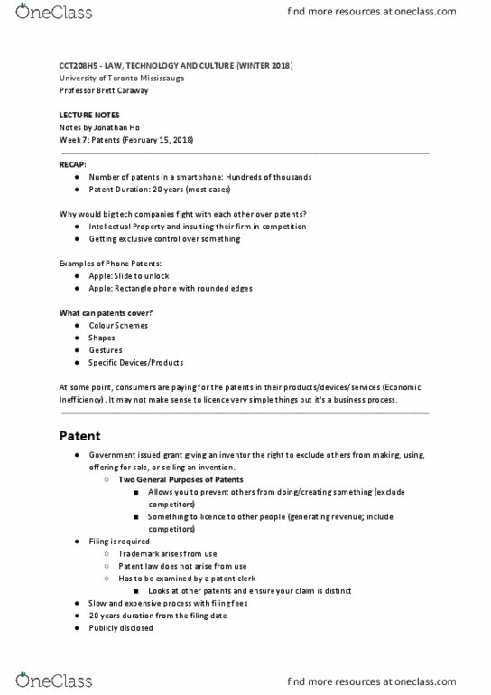 CCT206H5 Lecture Notes - Lecture 7: Technology And Culture, Business Process, Design Patent thumbnail