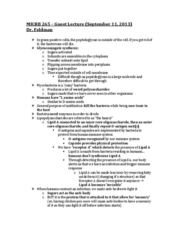 MICRB265 Lecture Notes - Glycoconjugate, Oligosaccharide, Mycobacterium thumbnail