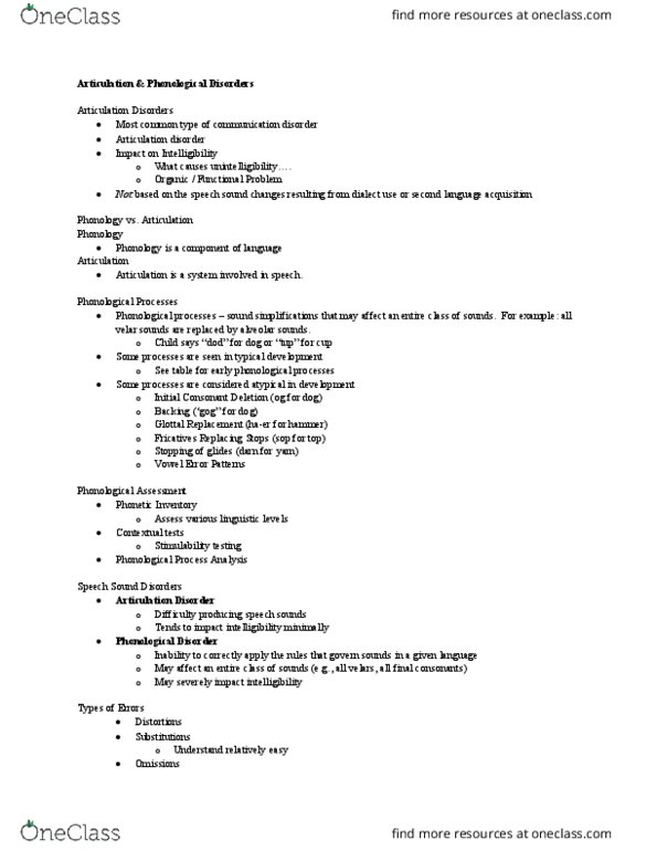 CSD 300 Lecture Notes - Lecture 5: Speech Disorder, Phonological Rule, Communication Disorder thumbnail