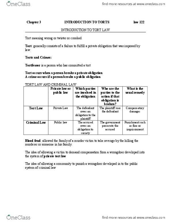 LAW 122 Chapter Notes - Chapter 3: Rylands V Fletcher, Professional Negligence In English Law, False Imprisonment thumbnail