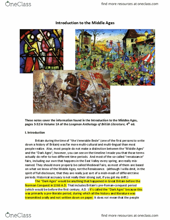 ENG 221 Lecture Notes - Lecture 1: Bede, Culture Of The United Kingdom, Socalled thumbnail