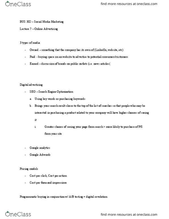 BUS 302 Lecture Notes - Lecture 7: Search Engine Optimization, Adwords, Social Media Marketing thumbnail