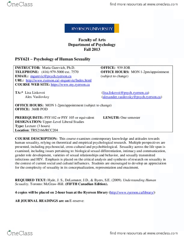 PSY 621 Lecture Notes - Sexually Transmitted Infection, Human Sexuality, Final Grades thumbnail