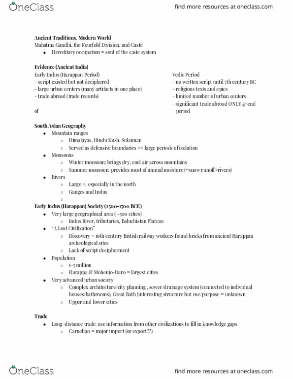 HIST 2A Lecture Notes - Lecture 4: Hindu Kush, Indus River, Indus Valley Civilisation thumbnail