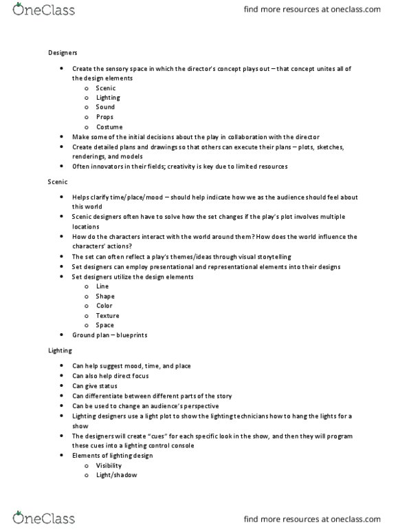 THEA 1206 Lecture Notes - Lecture 11: Lighting Control Console, Lighting Designer, Light Plot thumbnail