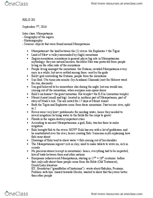 RELG 201 Lecture Notes - Lecture 2: Zagros Mountains, Ancient Mesopotamian Religion, Enki thumbnail