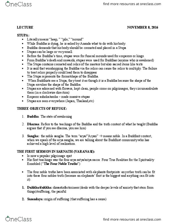 RELG 252 Lecture Notes - Lecture 16: Stupa, Four Noble Truths, Impermanence thumbnail