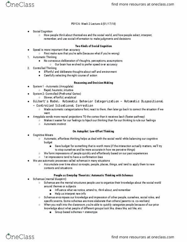 PSYC 6 Lecture Notes - Lecture 4: Confirmation Bias, Hazel Rose Markus, Thomas Theorem thumbnail