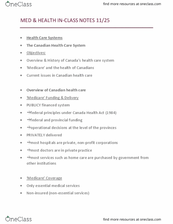 SOCI 225 Lecture Notes - Lecture 21: Health Care In Canada, Canada Health Act, Health System thumbnail
