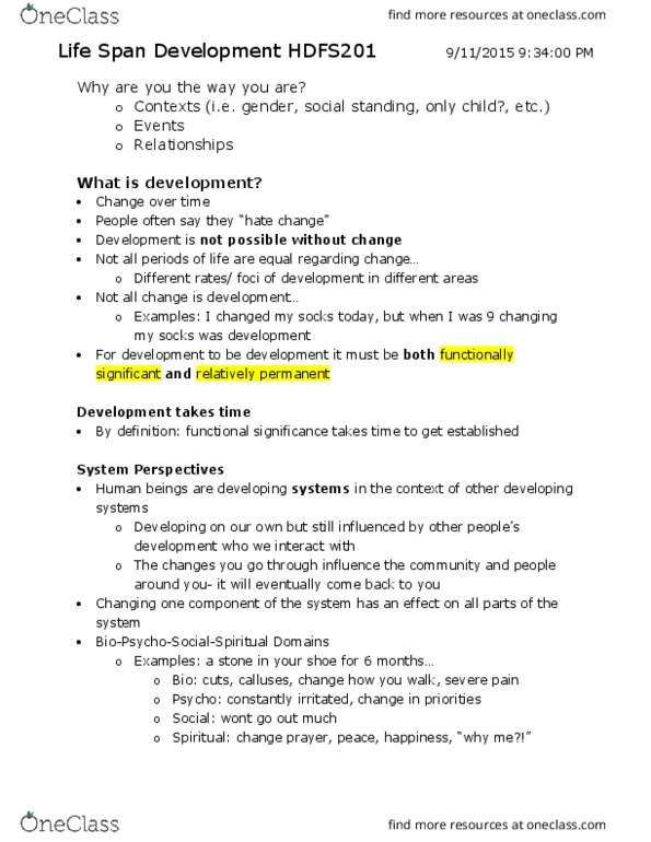 HDFS201 Lecture 1: Life Span Development Semester Notes thumbnail