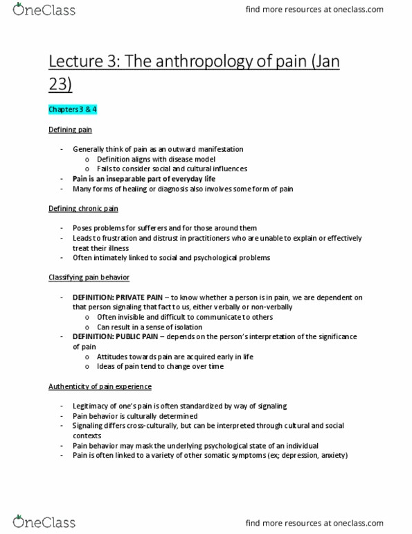 ANTHROP 3HI3 Lecture Notes - Lecture 3: Somatization, Pain Scale, Rheumatology thumbnail