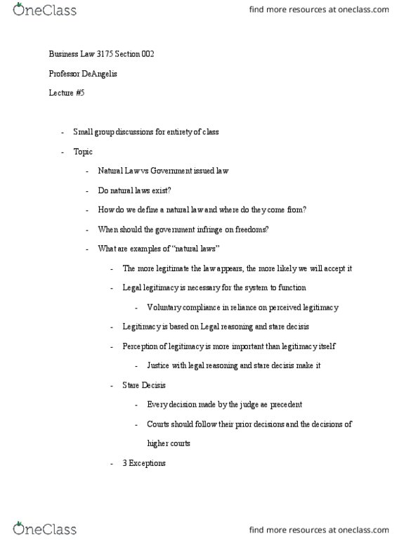 BLAW 3175 Lecture Notes - Lecture 5: Precedent thumbnail