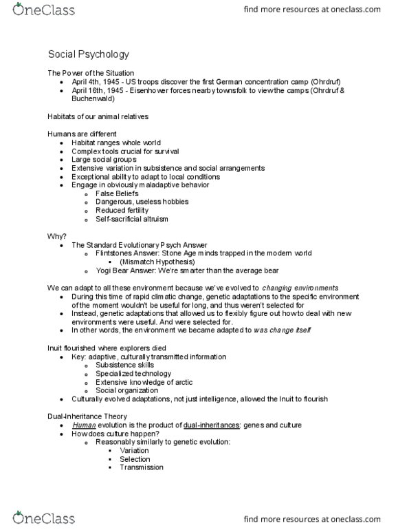 PSY BEH 11C Lecture Notes - Lecture 5: Human Accomplishment, Psychological Adaptation, Cultural Learning thumbnail