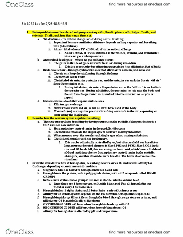 BIOL 1082 Chapter Notes - Chapter 48.3-48.5: Medulla Oblongata, Tidal Volume, Hemoglobin thumbnail