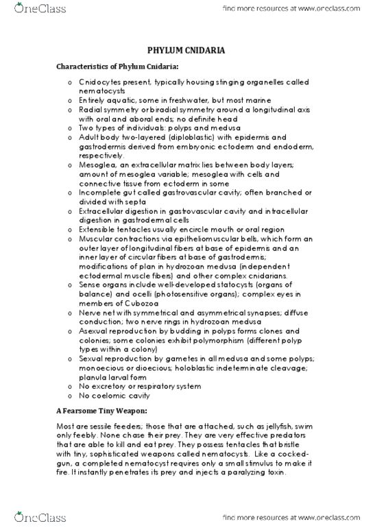 BIO2231 Chapter Notes -Gastrovascular Cavity, Pedal Disc, Precious Coral thumbnail