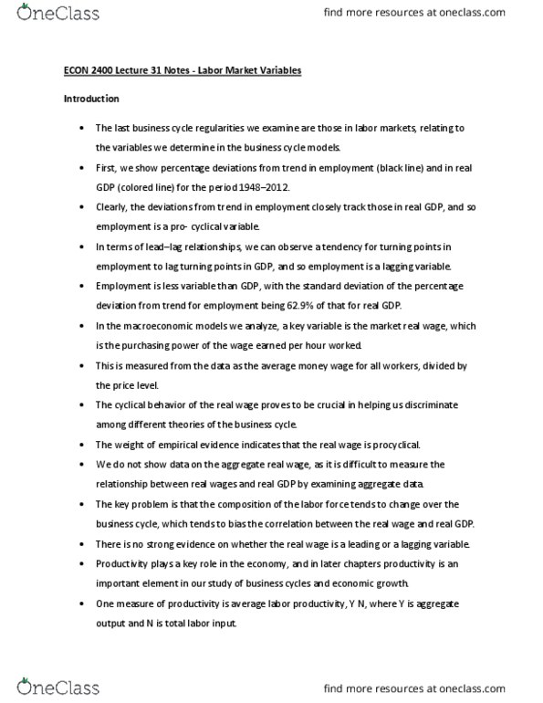 ECON 2400 Lecture Notes - Lecture 31: Procyclical And Countercyclical, Real Wages, Business Cycle thumbnail