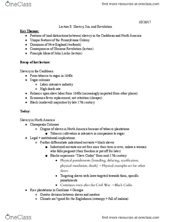 HILD 2A-B-C Lecture Notes - Lecture 8: Province Of Pennsylvania, Slave Codes, Sole Power thumbnail