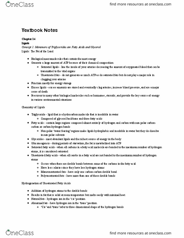 BIOL 100 Chapter Notes - Chapter 14: Monounsaturated Fat, Polyunsaturated Fat, Saturated Fat thumbnail