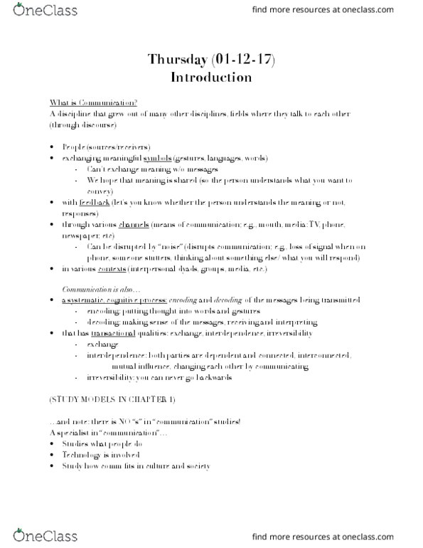 COMM 1 Lecture Notes - Lecture 1: Communication Studies, Irreversible Process, Ingroups And Outgroups thumbnail