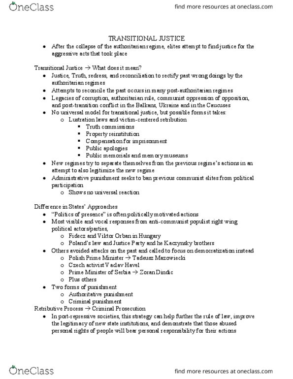 PLSC 349 Lecture Notes - Lecture 9: Tadeusz Mazowiecki, Transitional Justice, Lustration thumbnail