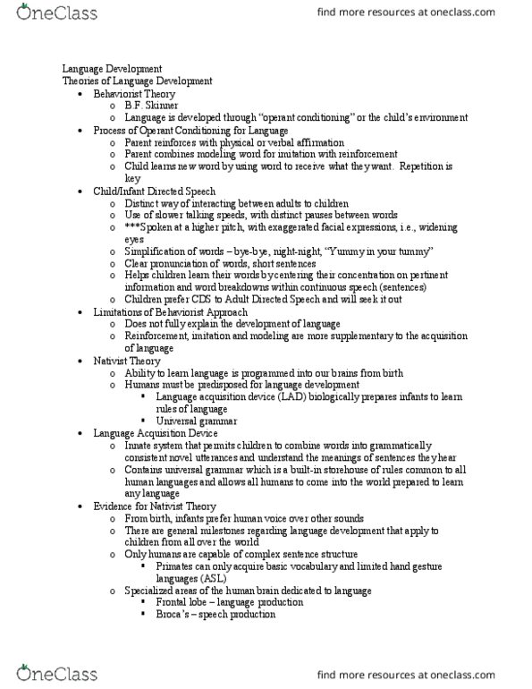 PY 352 Lecture Notes - Lecture 16: Language Acquisition Device, Universal Grammar, Frontal Lobe thumbnail