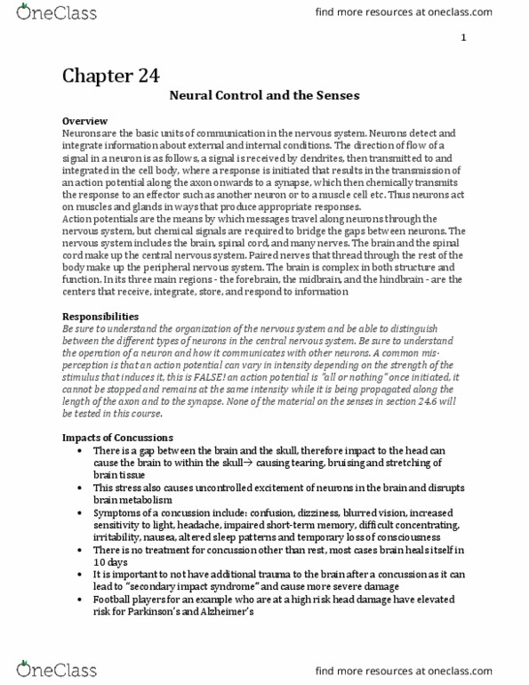Biology 1225 Chapter Notes - Chapter 24: Dorsal Nerve Cord, Chronic Traumatic Encephalopathy, Peripheral Nervous System thumbnail