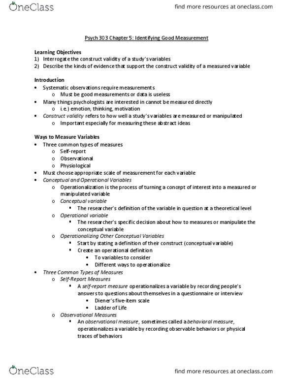 PSYCH 303 Chapter Notes - Chapter 5: Construct Validity, Operationalization, Operational Definition thumbnail