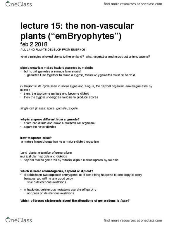 BIS 2C Lecture Notes - Lecture 15: Non-Vascular Plant, Multicellular Organism, Gamete thumbnail