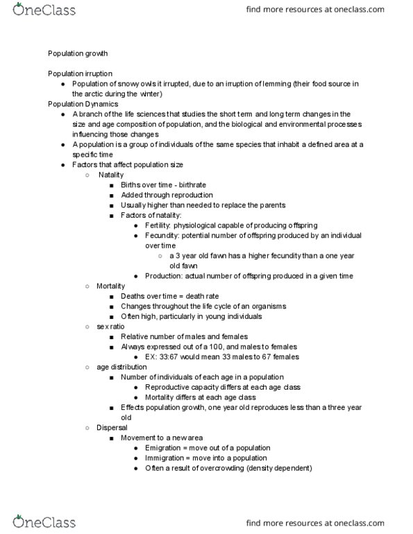 ENWC201 Lecture Notes - Lecture 6: Fecundity, Lemming, Exponential Growth thumbnail