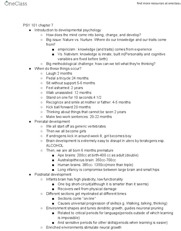 PSY 101 Lecture Notes - Lecture 7: Prenatal Development, Australopithecus, Developmental Psychology thumbnail