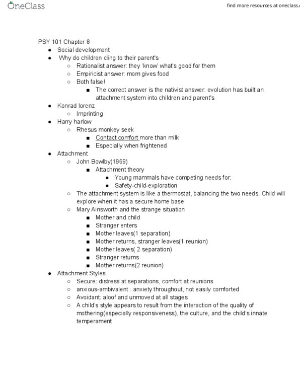 PSY 101 Lecture Notes - Lecture 8: Konrad Lorenz, Harry Harlow, Mary Ainsworth thumbnail