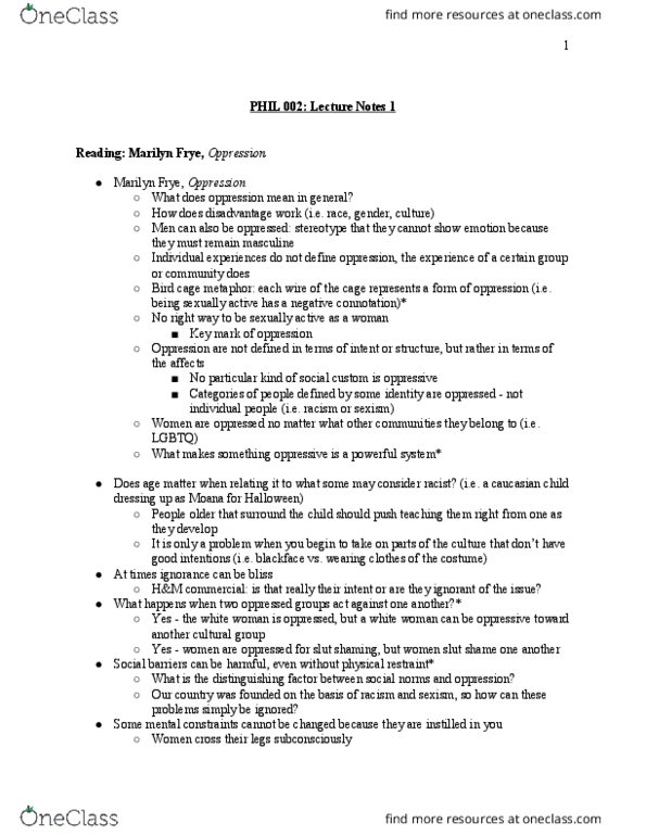 PHIL 002 Lecture Notes - Lecture 1: Marilyn Frye, Slut-Shaming, Slut thumbnail