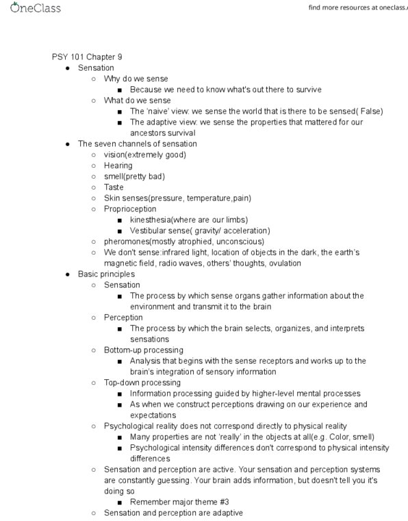 PSY 101 Lecture Notes - Lecture 9: Color Vision, Proprioception, Ovulation thumbnail