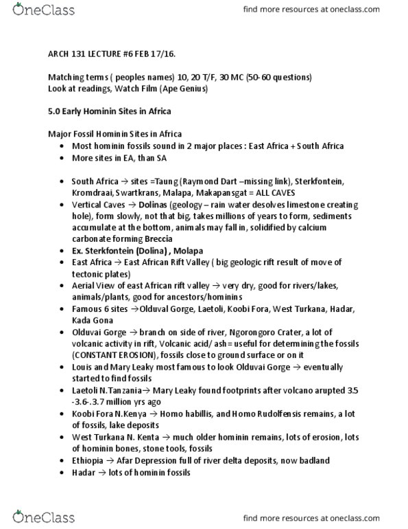 ARCH 131 Lecture Notes - Lecture 6: East African Rift, Olduvai Gorge, Laetoli thumbnail