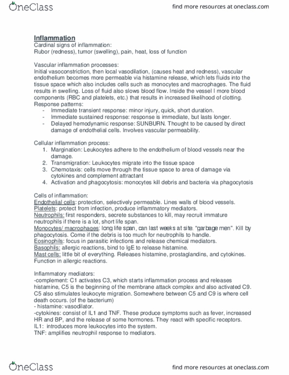 NURS 225 Lecture Notes - Lecture 15: Complement Membrane Attack Complex, Endothelium, Haemodynamic Response thumbnail