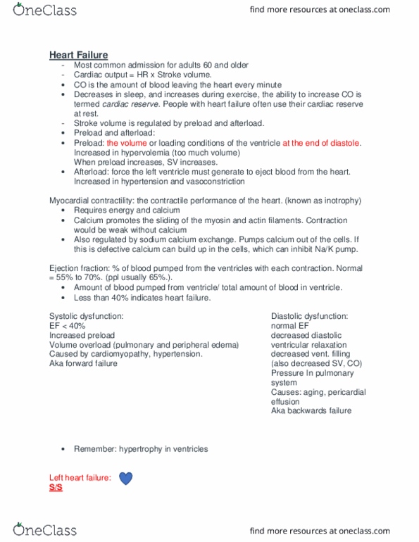 NURS 225 Lecture Notes - Lecture 15: Pericardial Effusion, Diastolic Heart Failure, Ejection Fraction thumbnail