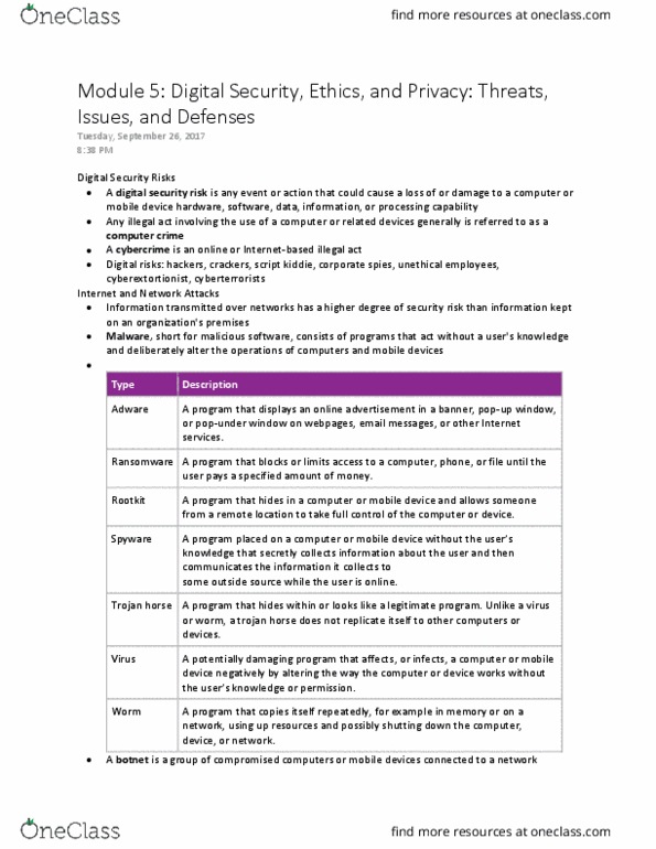 IT101 Chapter Notes - Chapter 5: Script Kiddie, Industrial Espionage, Rootkit thumbnail