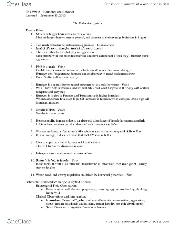 PSY395H5 Lecture Notes - Growth Hormone–Releasing Hormone, Endocrine System, Estrogen Receptor thumbnail