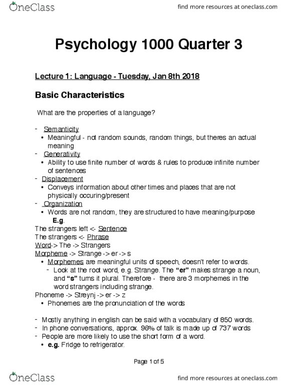 Psychology 1000 Lecture Notes - Lecture 1: Morpheme, Phoneme, Chief Operating Officer thumbnail