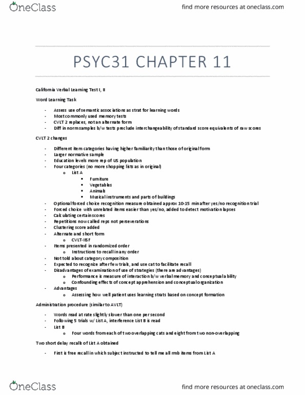 PSYC31H3 Chapter Notes - Chapter 11: Standard Score, Free Recall, Confounding thumbnail