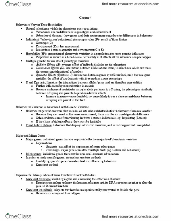 PSY352H5 Chapter Notes - Chapter 4: Epistasis, Gene Expression, Pleiotropy thumbnail