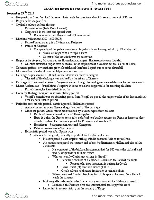 CLAS 1000 Final Review For Final Exam OneClass