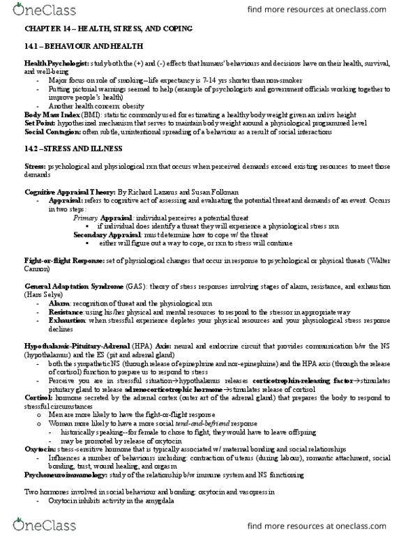 PSYA02H3 Chapter Notes - Chapter 14: Body Mass Index, Adrenal Gland, Hans Selye thumbnail