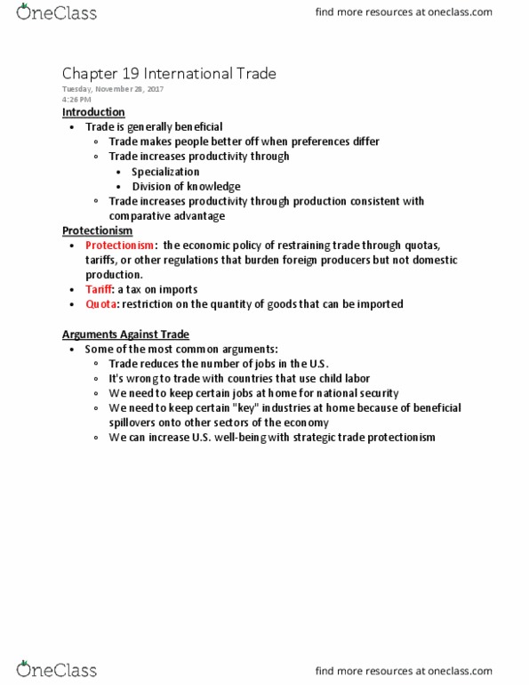 ECON 1102 Lecture Notes - Lecture 12: Protectionism, Comparative Advantage thumbnail