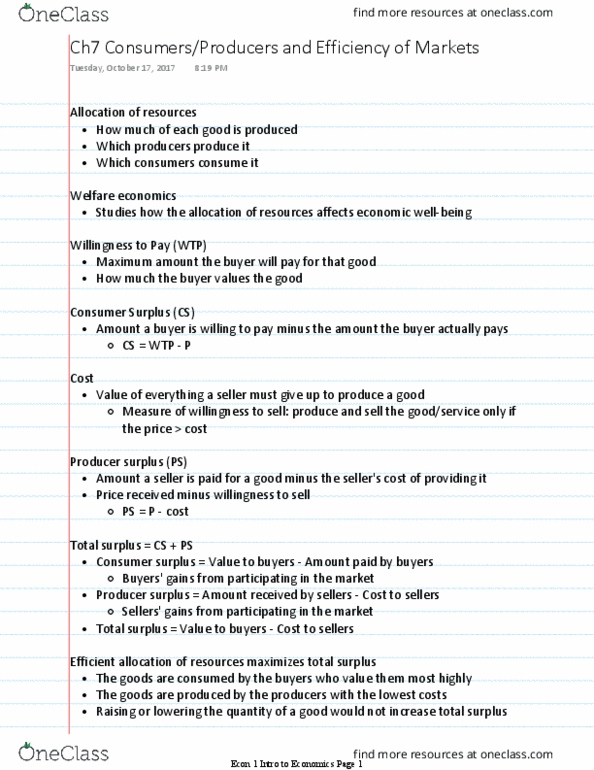 ECON 1 Lecture Notes - Lecture 4: Economic Surplus, Invisible Hand, Economic Efficiency thumbnail