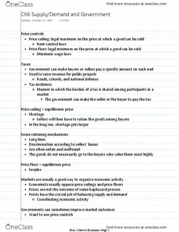 ECON 1 Lecture Notes - Lecture 3: Price Ceiling, Price Floor, Price Controls thumbnail