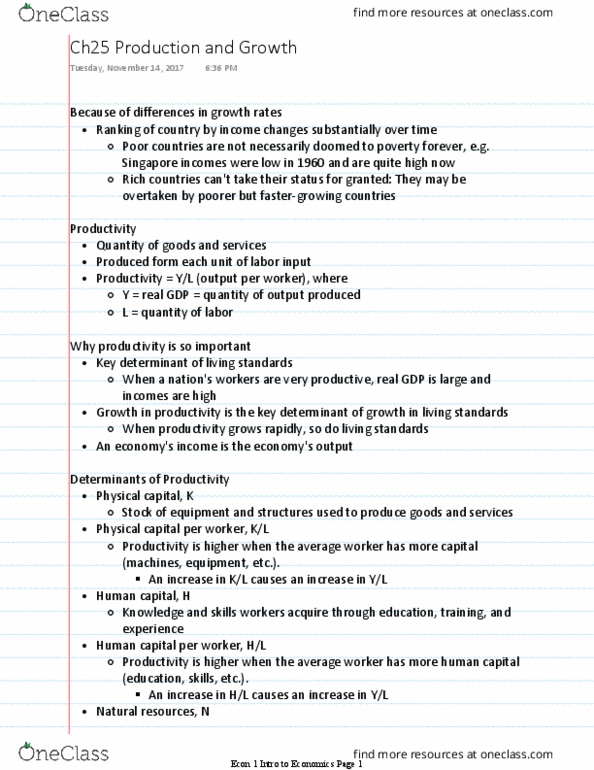 ECON 1 Lecture Notes - Lecture 10: Physical Capital, Human Capital, Robert Fogel thumbnail